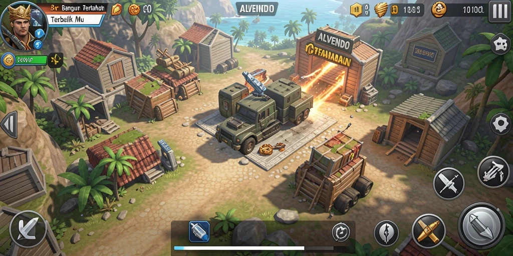 Tampilan gameplay <strong>ALVENDO</strong> dengan strategi pertahanan menara yang mendebarkan.