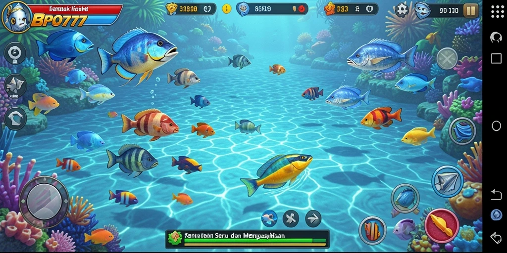 Tampilan gameplay seru dari BPO777 dengan aksi memancing ikan.