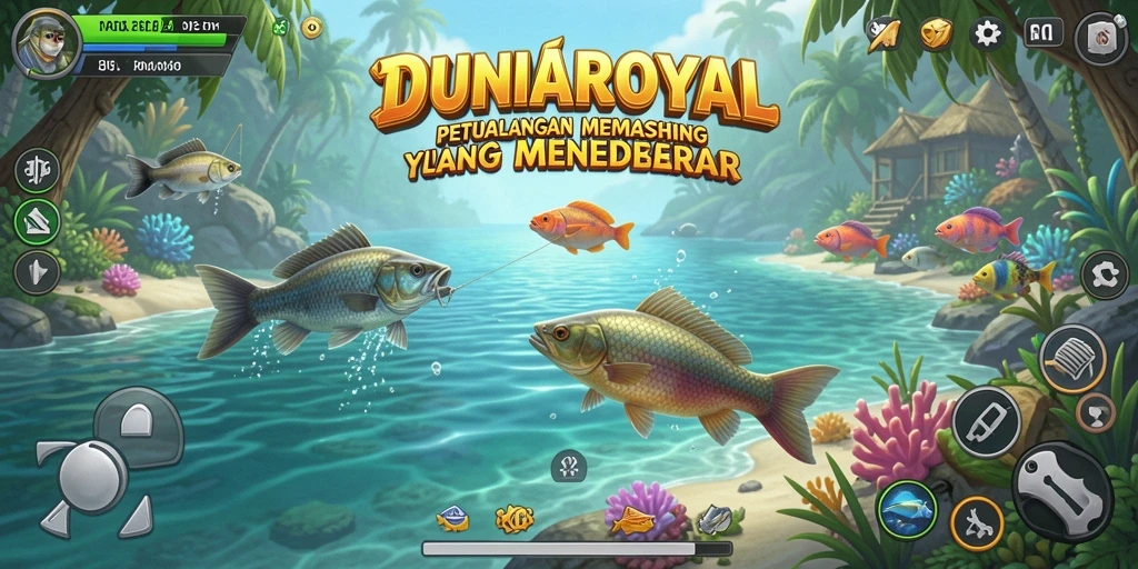 Tangkapan layar game DUNIAROYAL menampilkan suasana memancing yang seru di alam terbuka.