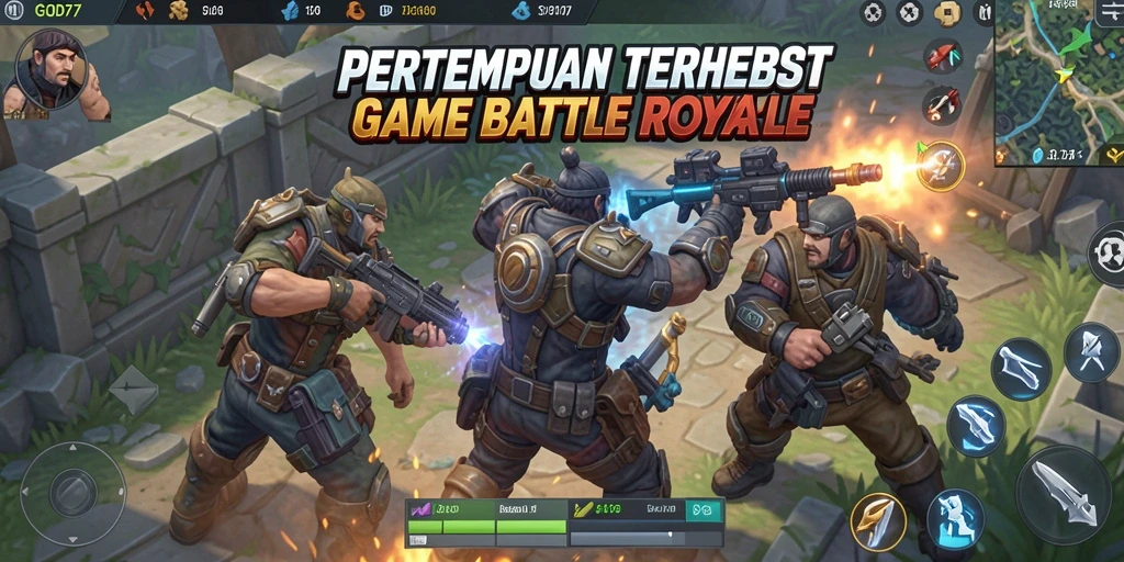 Screenshot utama GOD77 menunjukkan aksi intense di medan perang Battle Royale.