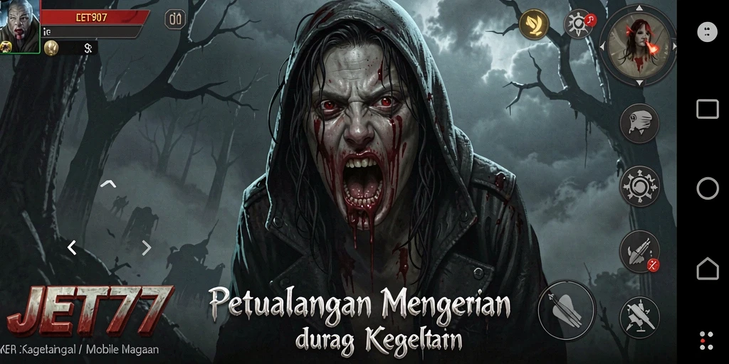 Screenshot gameplay JET77 menampilkan suasana Horror yang mencekam.