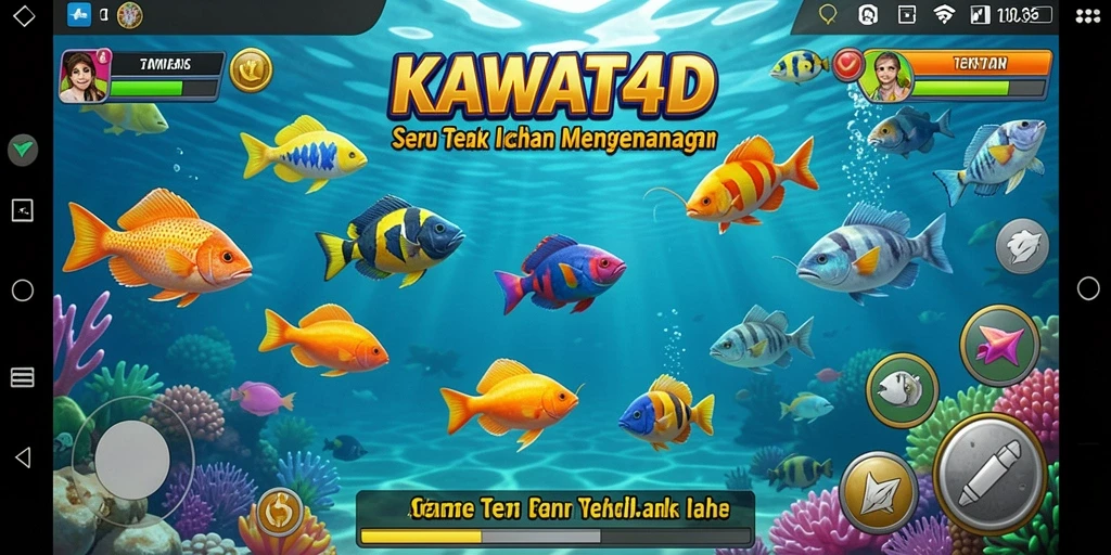Tampilan gameplay KAWAT4D menembak ikan dalam suasana laut yang cerah.