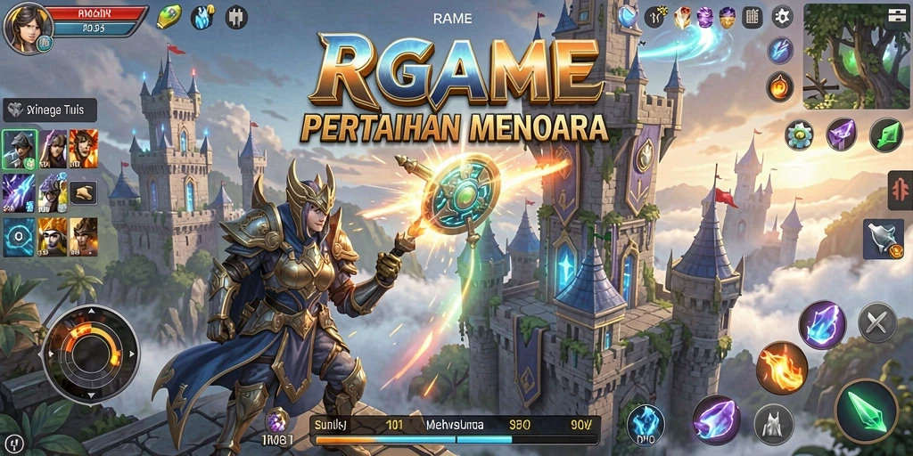 Tangkapan layar gameplay RPGAME menunjukkan pertempuran menara yang intens.